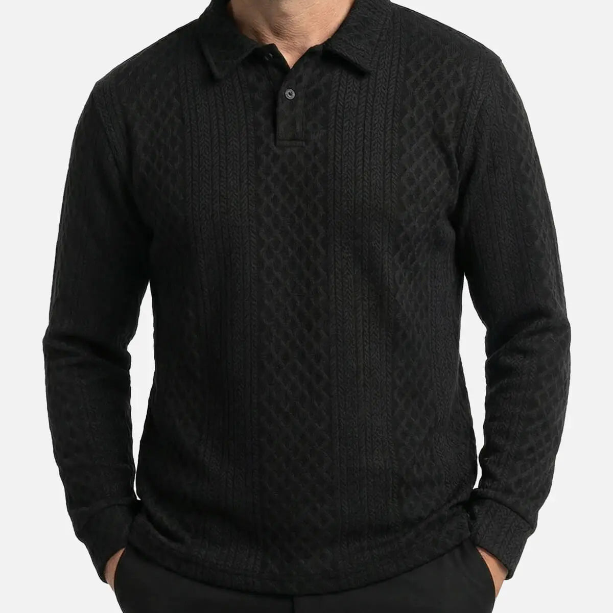 Men's Slim Fit Textured Cable Knit Long Sleeve Polo Shirt Eleven Oasis