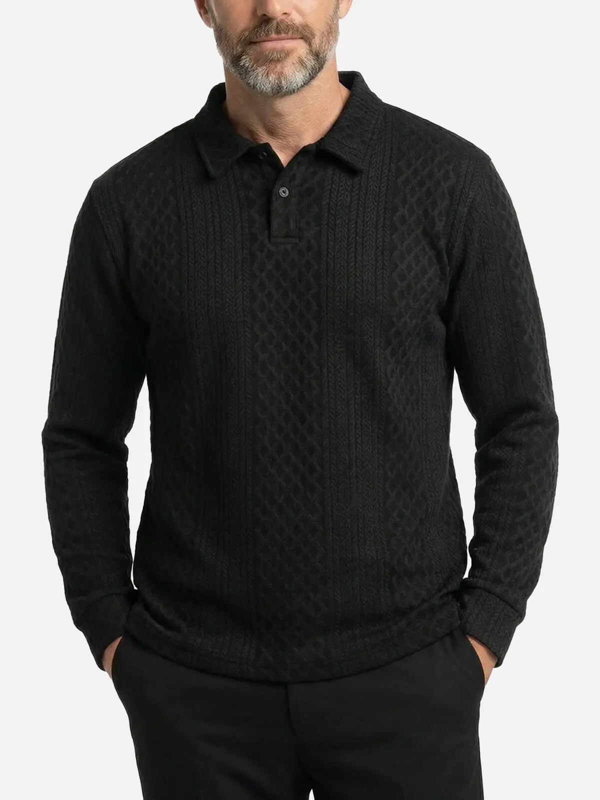 Men's Slim Fit Textured Cable Knit Long Sleeve Polo Shirt Eleven Oasis