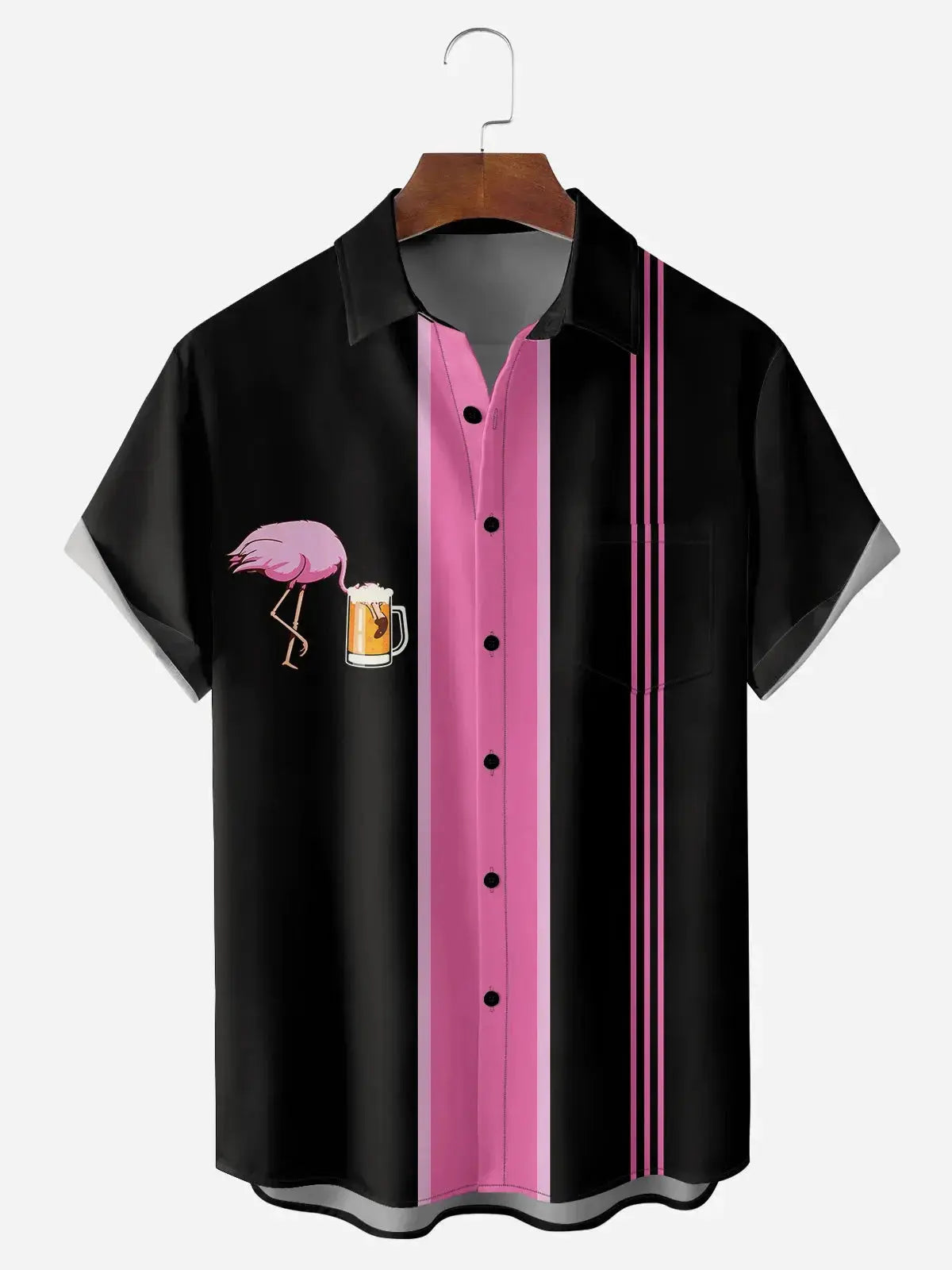 Men's Flamingo Drinking Beer Bowling Short Sleeve Casual ShirtMens short sleeve shirts Big and tall Mens shirts Short sleeve shirts for men Mens 4xl shirts Casual short sleeve shirts