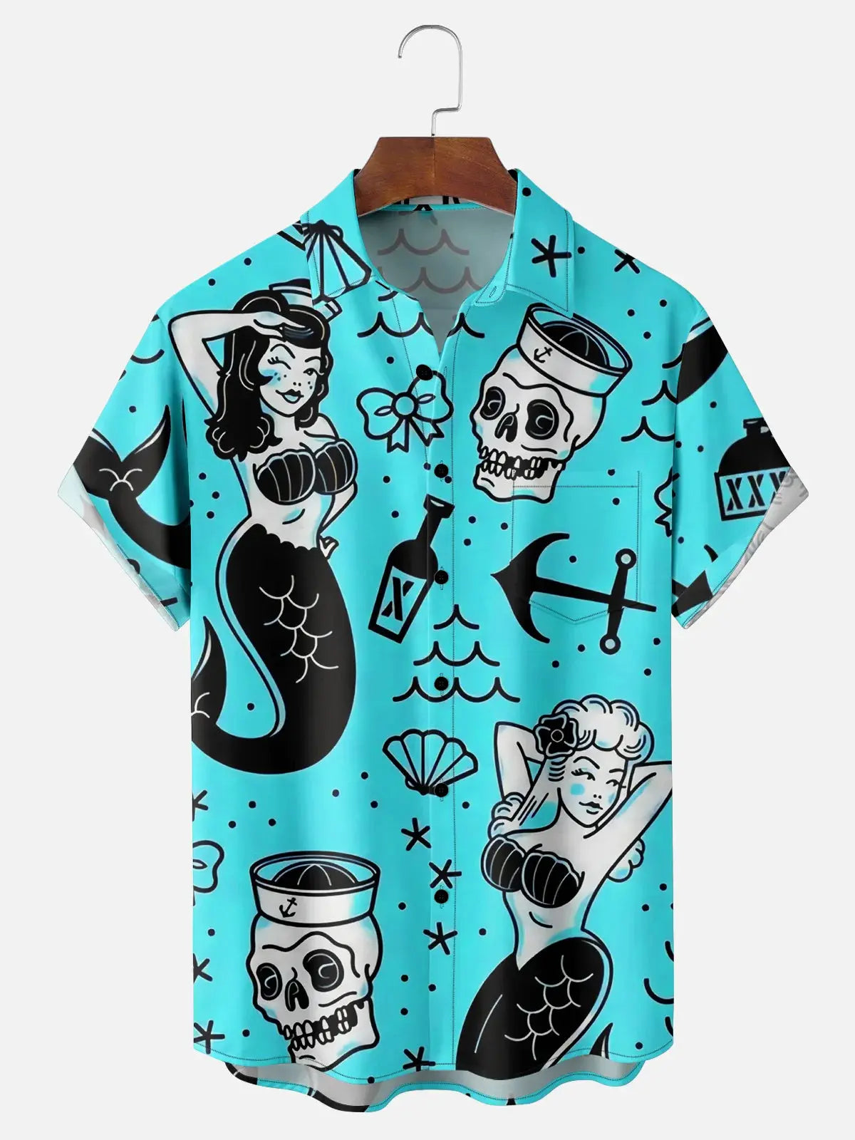 Men's Sailor Tattoo with Skulls and Mermaids Short Sleeve Casual ShirtMens short sleeve shirts Big and tall Mens shirts Short sleeve shirts for men Mens 4xl shirts Casual short sleeve shirts
