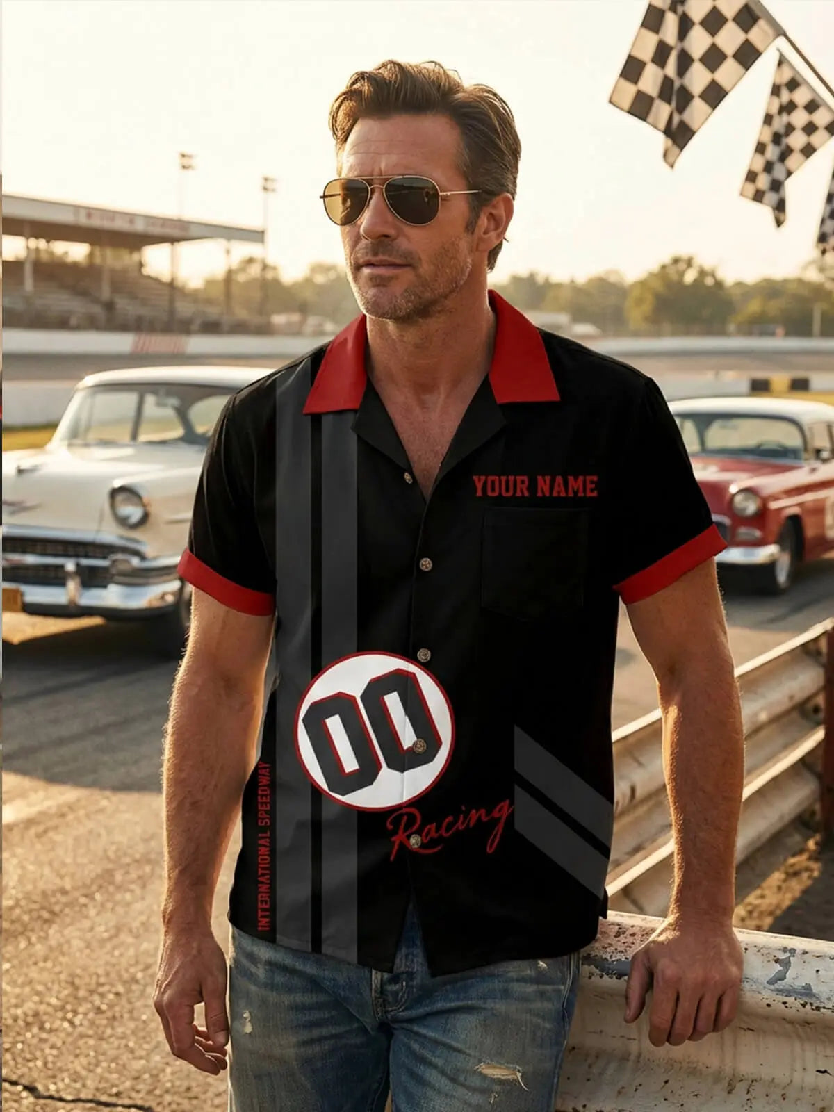 Tall Men's Custom Racing Stripes & Number Short Sleeve Shirt Eleven Oasis