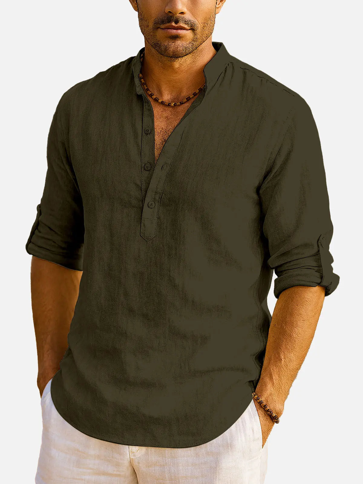 Men's Cotton Stand Collar Long Sleeve Shirt ElevenOasis