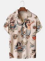 Men's Sailor Tattoo Mermaids Short Sleeve Casual ShirtMens short sleeve shirts Big and tall Mens shirts Short sleeve shirts for men Mens 4xl shirts Casual short sleeve shirts
