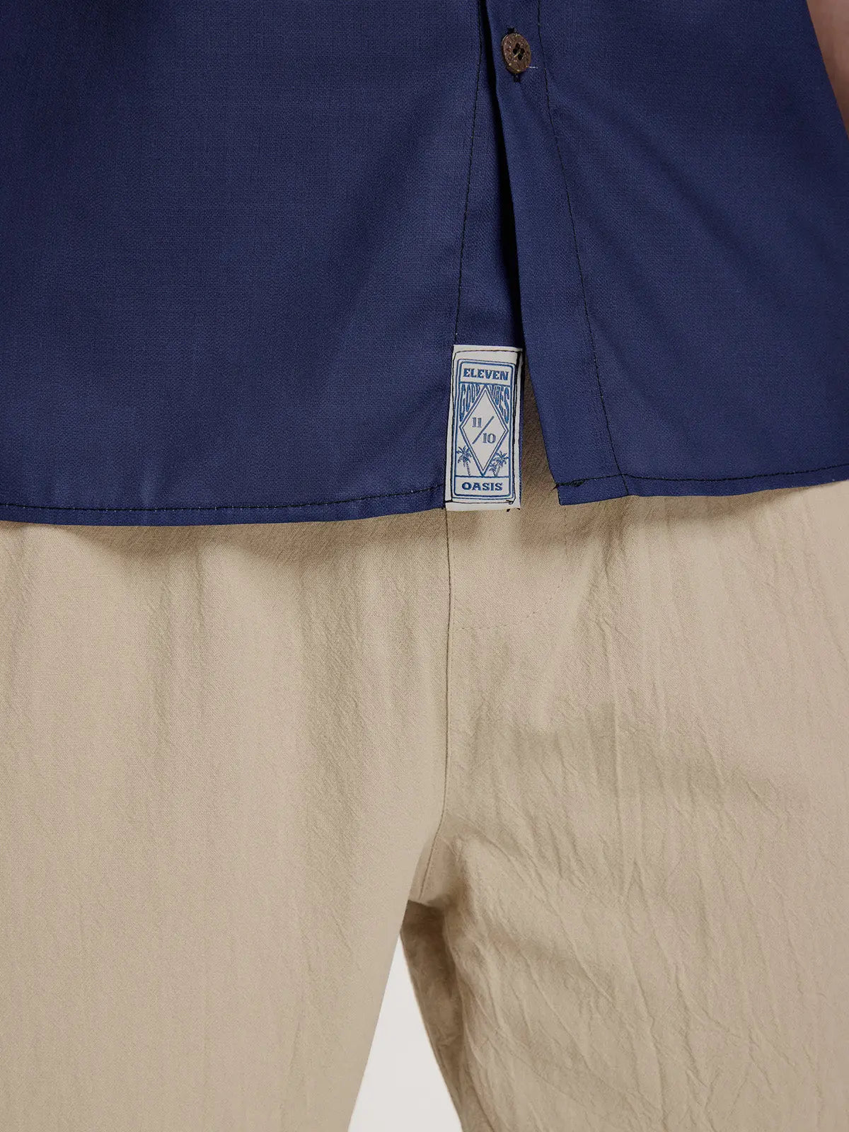 Men's Casual Linen-Feel Loose Printed Solid Color Button Short Sleeve Shirt ElevenOasis