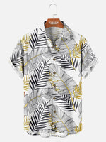 Men's Hawaiian Print Leaf Foliage Golden White Short Sleeve Shirt ElevenOasis