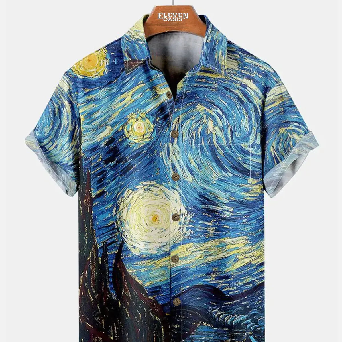 Mens Retro Van Gogh The Starry Night Lapel Loose Short Sleeve Funky Hawaiian Shirts ElevenOasis