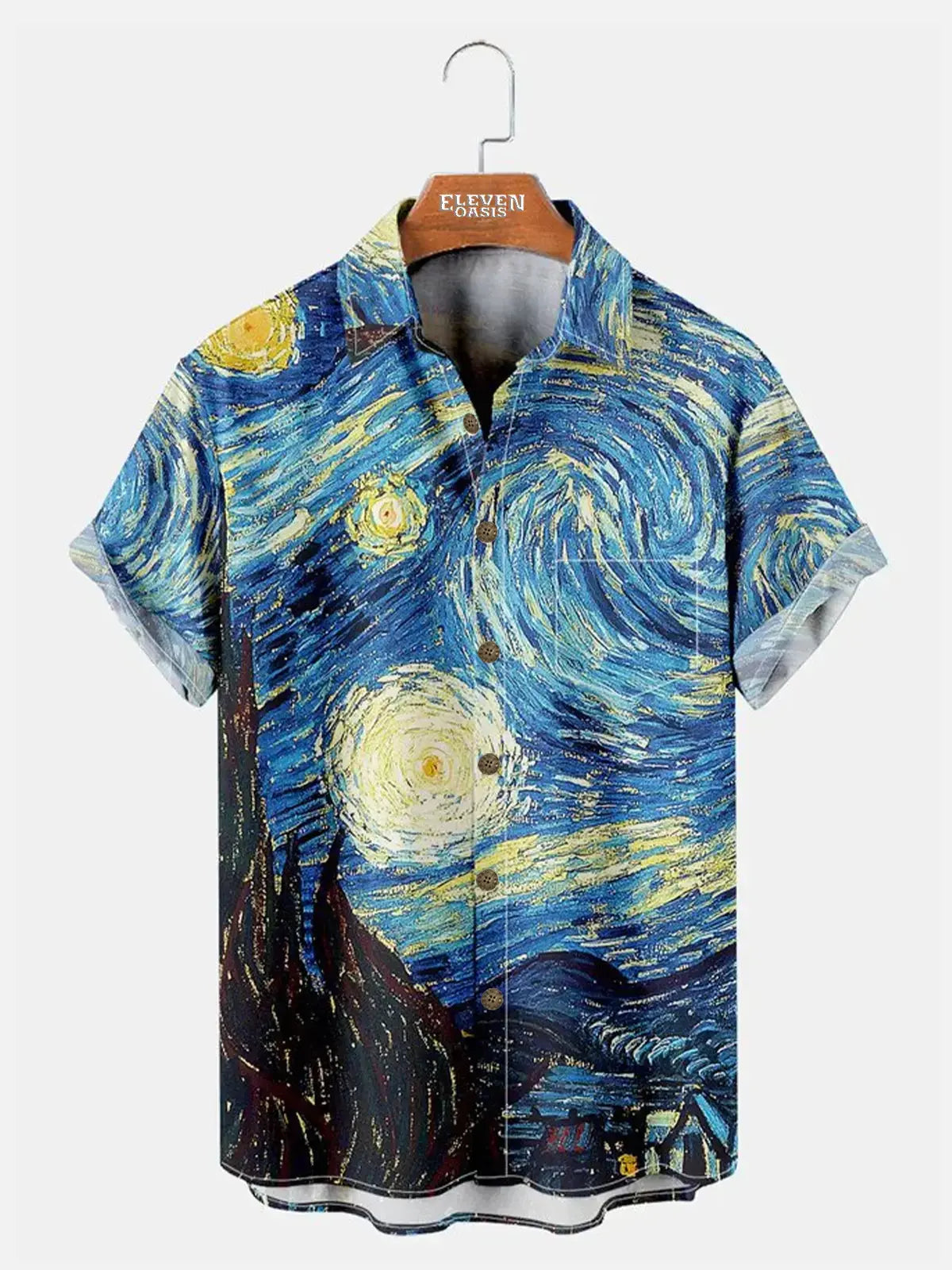 Mens Retro Van Gogh The Starry Night Lapel Loose Short Sleeve Funky Hawaiian Shirts ElevenOasis