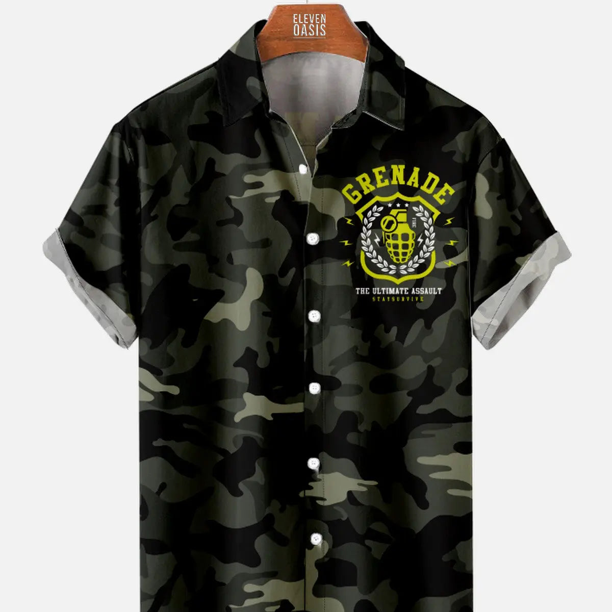Men's Camo Print Grenade Short Sleeve ShirtMens short sleeve shirts Big and tall Mens shirts Short sleeve shirts for men Mens 4xl shirts Casual short sleeve shirts