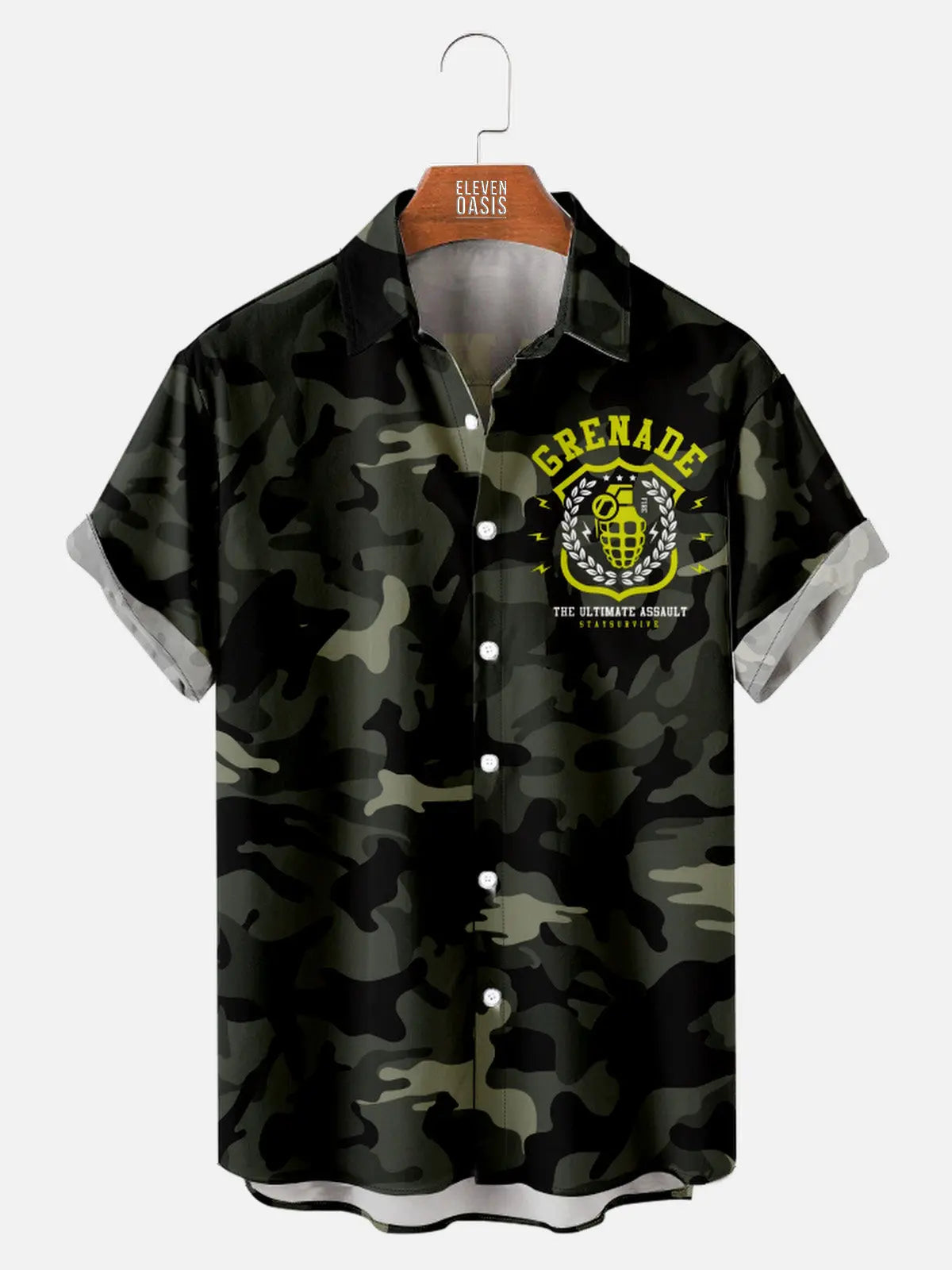 Men's Camo Print Grenade Short Sleeve ShirtMens short sleeve shirts Big and tall Mens shirts Short sleeve shirts for men Mens 4xl shirts Casual short sleeve shirts