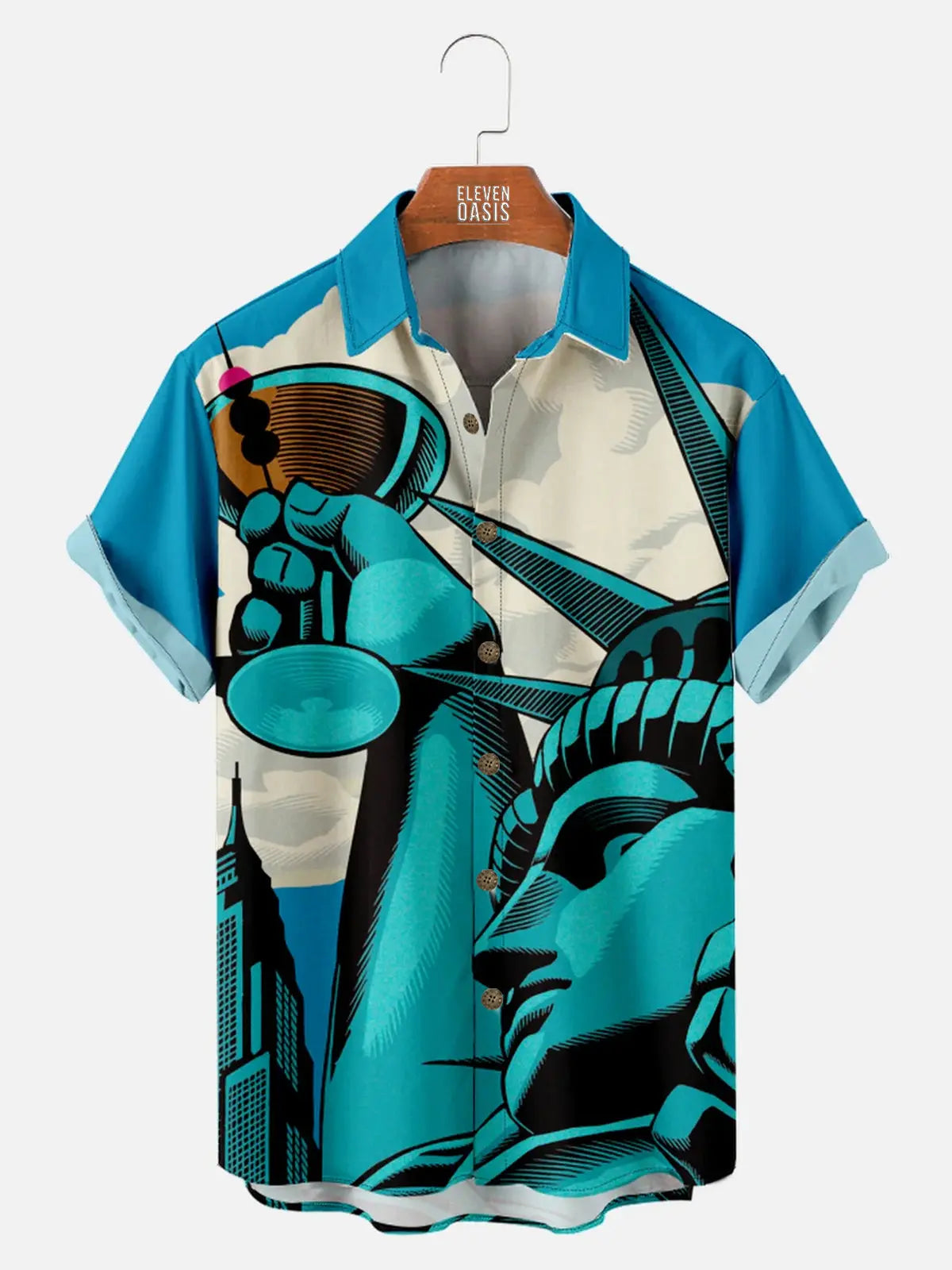 Men's Statue of Liberty Drinks a Martini Short Sleeve ShirtMens short sleeve shirts Big and tall Mens shirts Short sleeve shirts for men Mens 4xl shirts Casual short sleeve shirts
