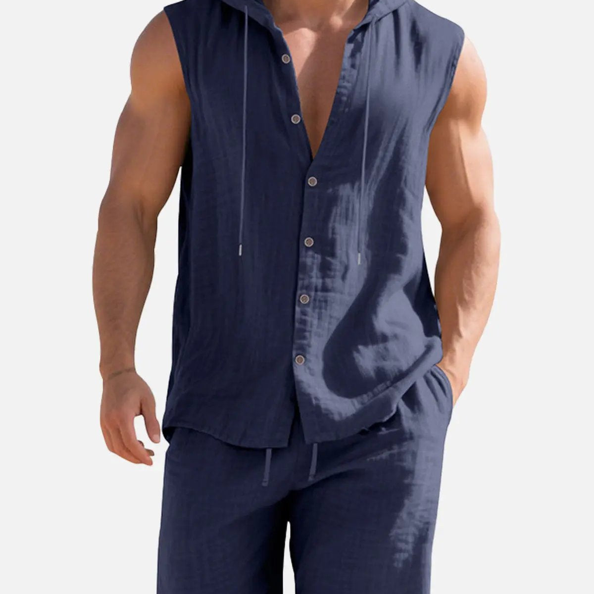 Men's Linen Hooded Sleeveless Matching Set ElevenOasis
