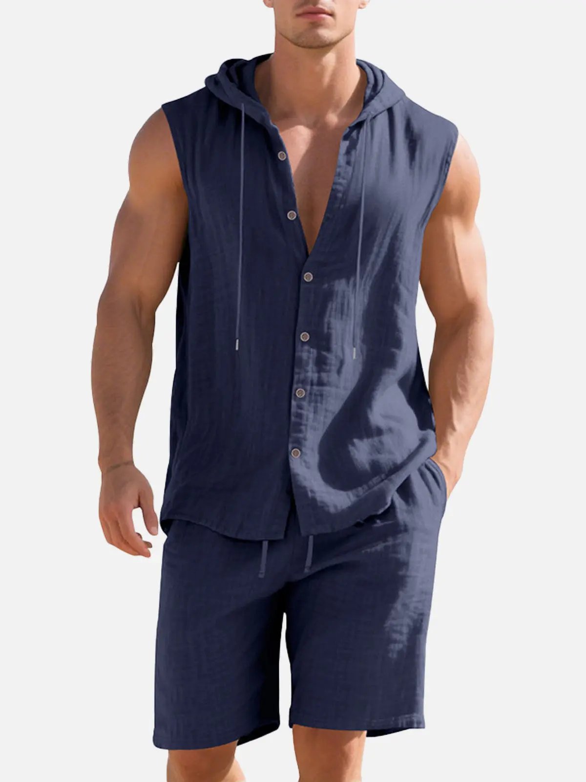 Men's Linen Hooded Sleeveless Matching Set ElevenOasis