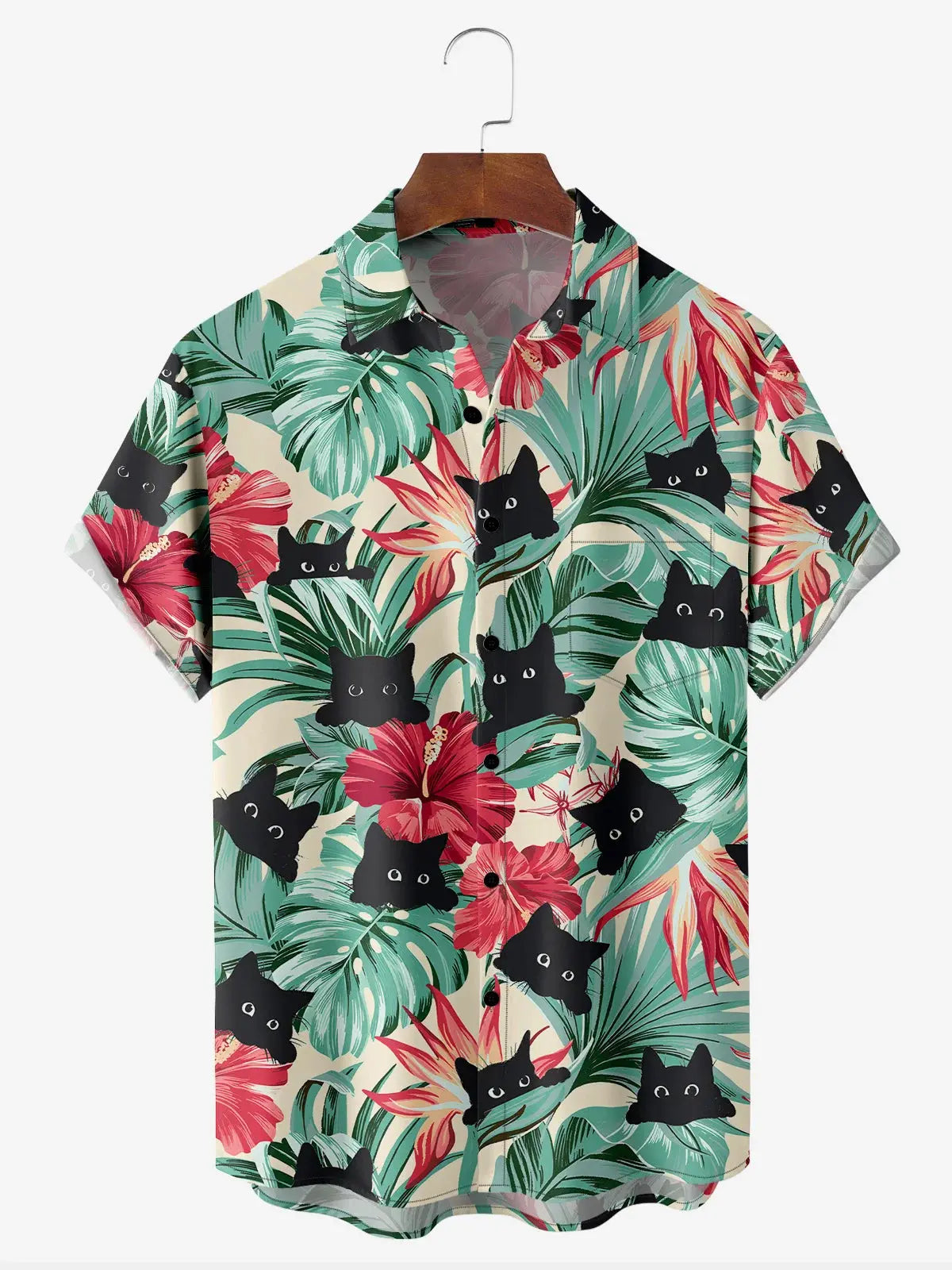 Men's Black Cat Floral Hawaiian Print Short Sleeve Casual ShirtMens short sleeve shirts Big and tall Mens shirts Short sleeve shirts for men Mens 4xl shirts Casual short sleeve shirts