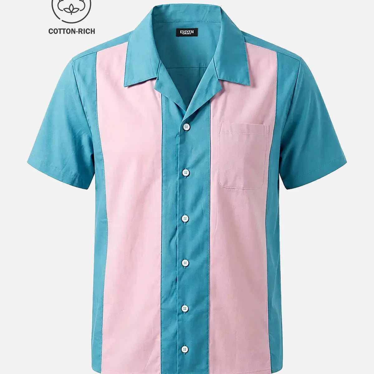 Men's Cotton Retro Light Blue and Pink Panel Bowling Short Sleeve Shirt Eleven Oasis