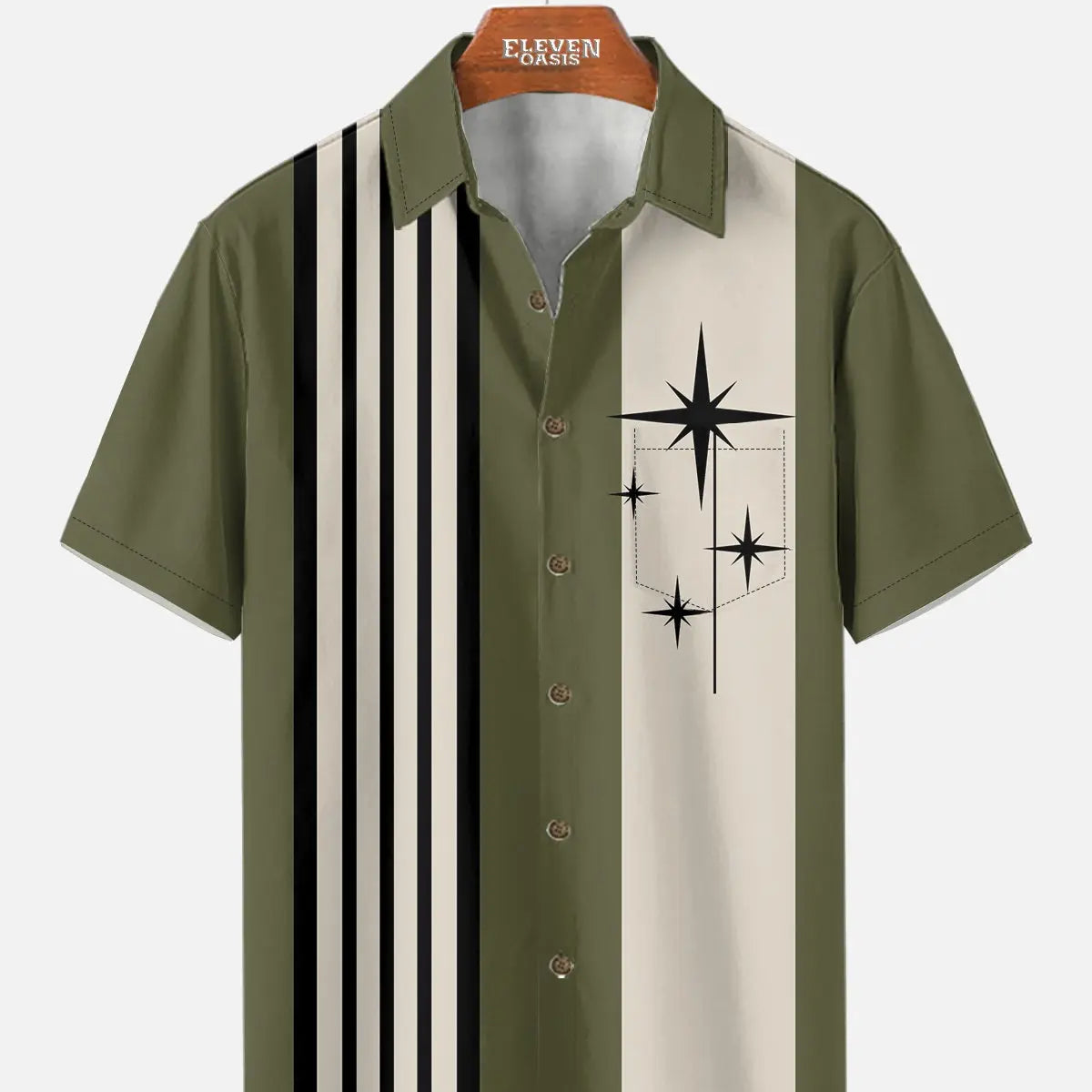 Men's Striped with Space-Age Stars Casual Short Sleeve Shirt ElevenOasis
