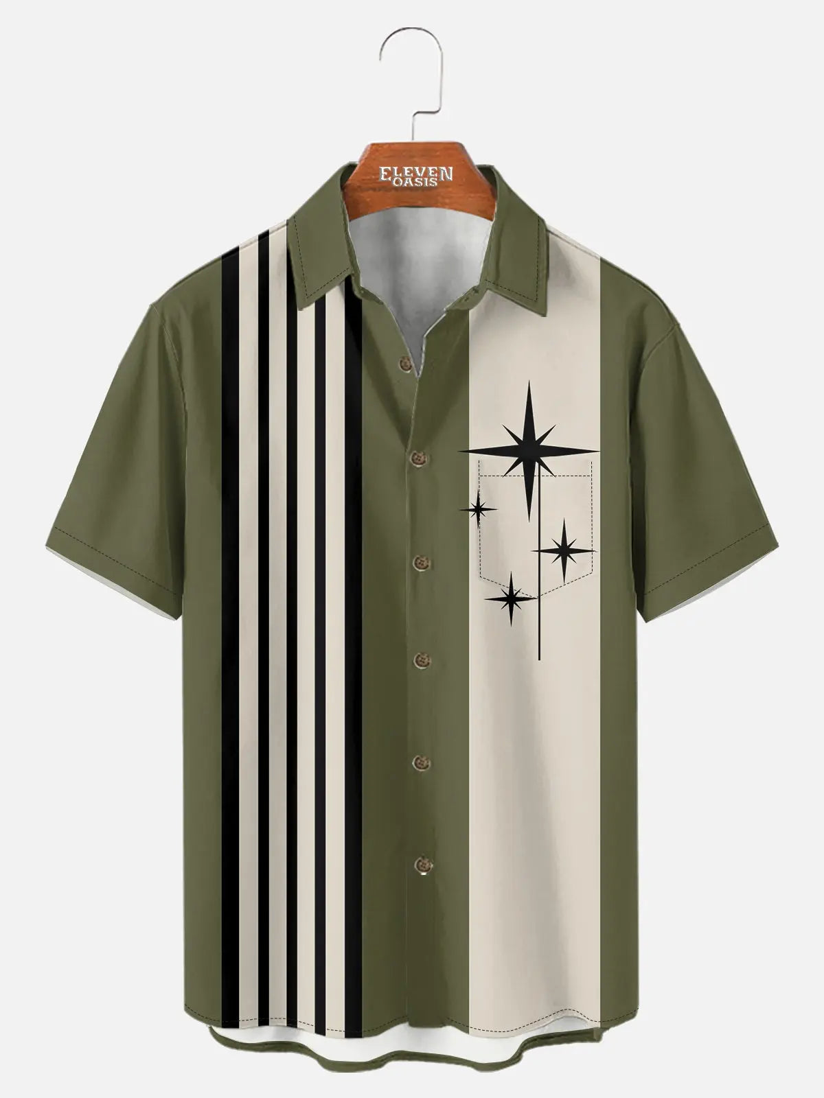 Men's Striped with Space-Age Stars Casual Short Sleeve Shirt ElevenOasis