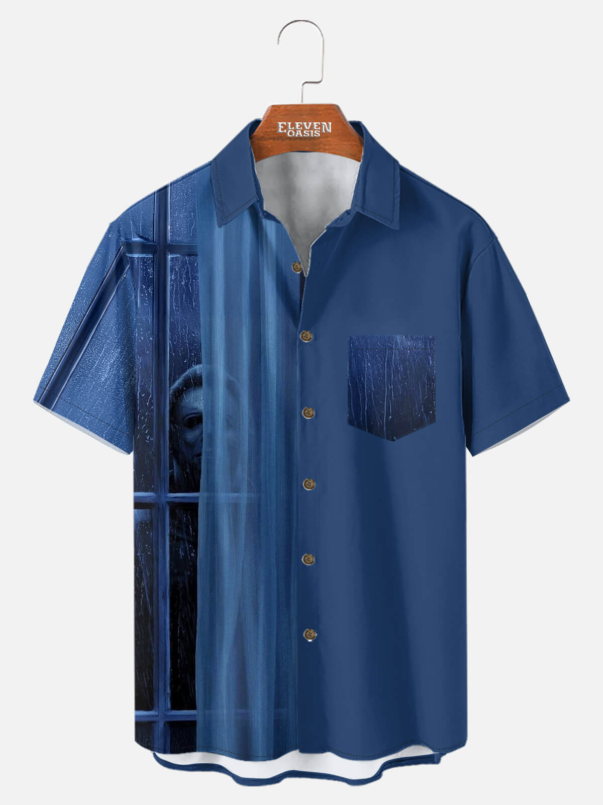 Tall Men's Michael Myers Window Scene Halloween Short Sleeve Shirt ElevenOasis