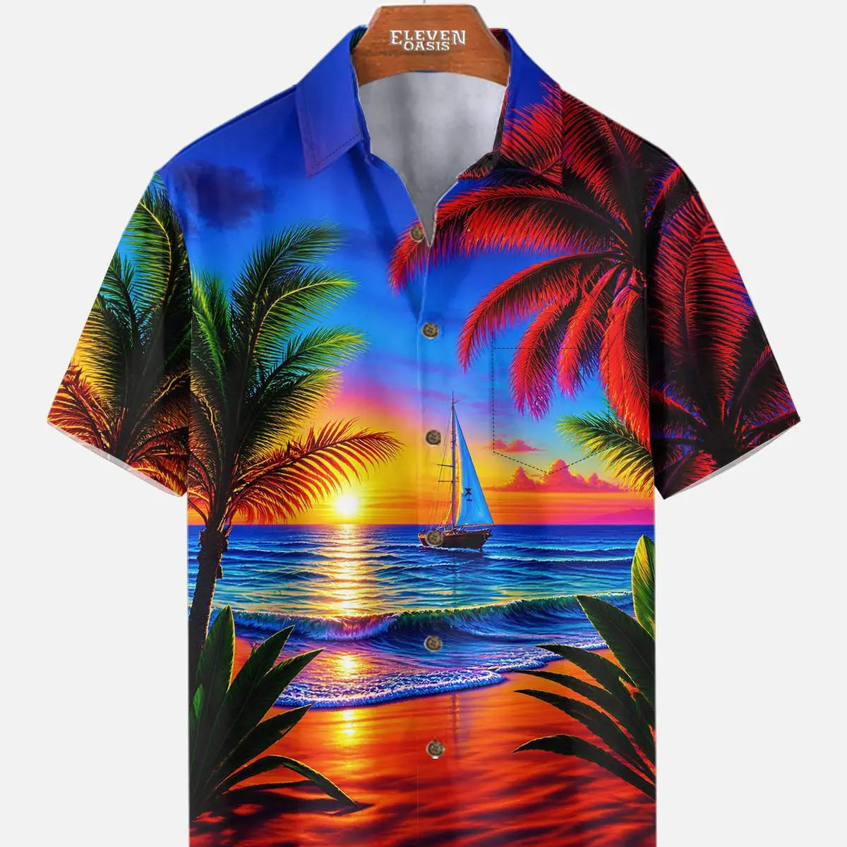Tall Men's Vibrant Sunset Beach Ocean Sand Vacation Short Sleeve Shirt ElevenOasis