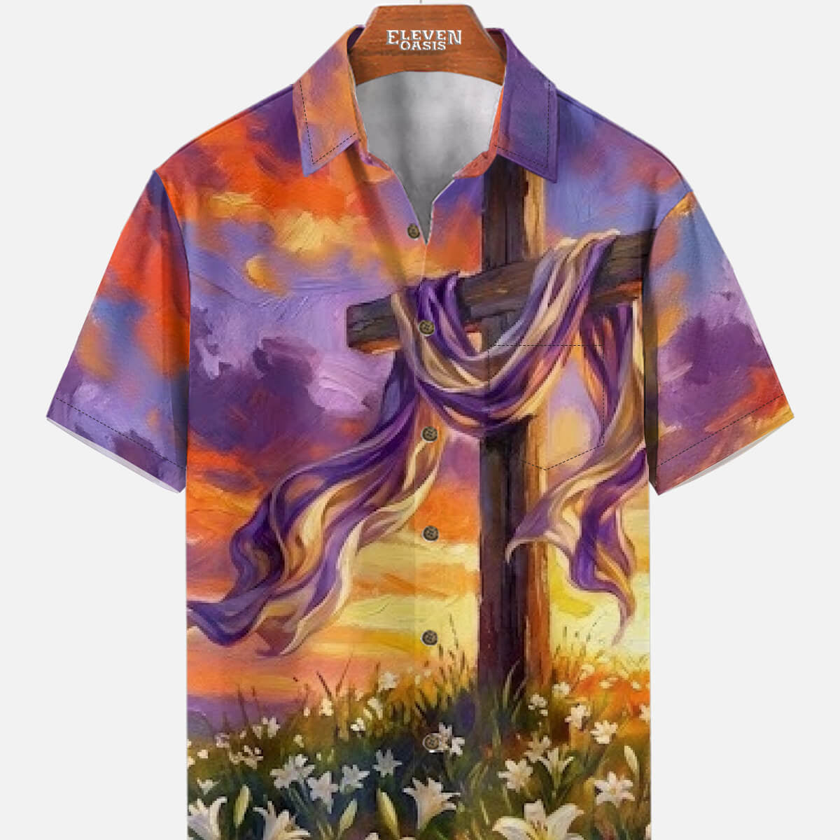 Tall Men's Faith Cross Oil Painting Short Sleeve Shirt Eleven Oasis