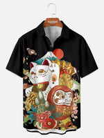 Men's Maneki-Neko & Daruma Japanese Icon Camp Collar Short Sleeve Shirt Eleven Oasis