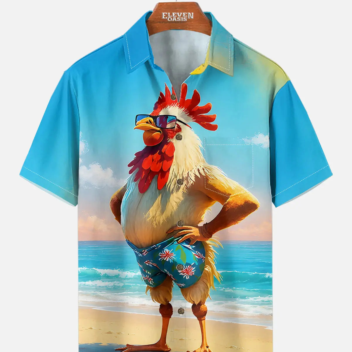 Men's Beach Rooster Hawaiian Short Sleeve Shirt ElevenOasis