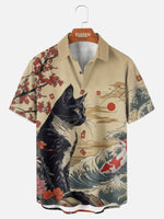 Men's Japanese Cat & Koi Landscape Spread Collar Short Sleeve Shirt Eleven Oasis