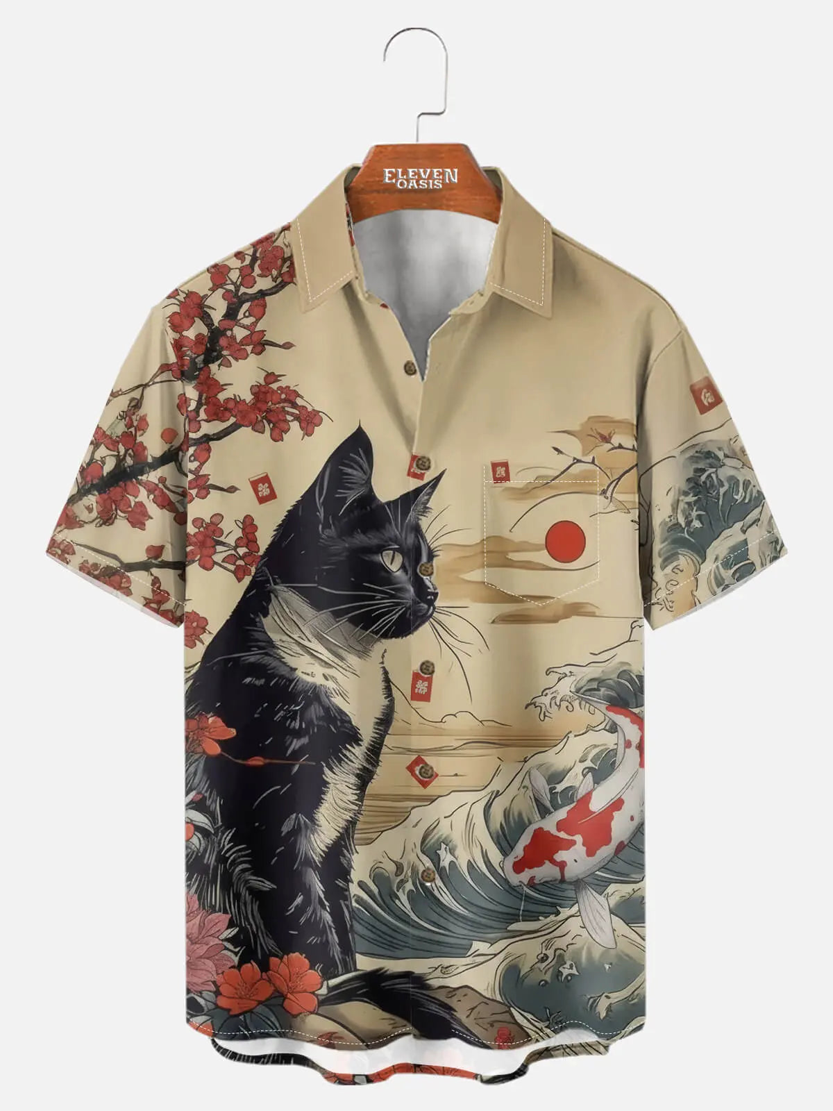 Men's Japanese Cat & Koi Landscape Spread Collar Short Sleeve Shirt Eleven Oasis