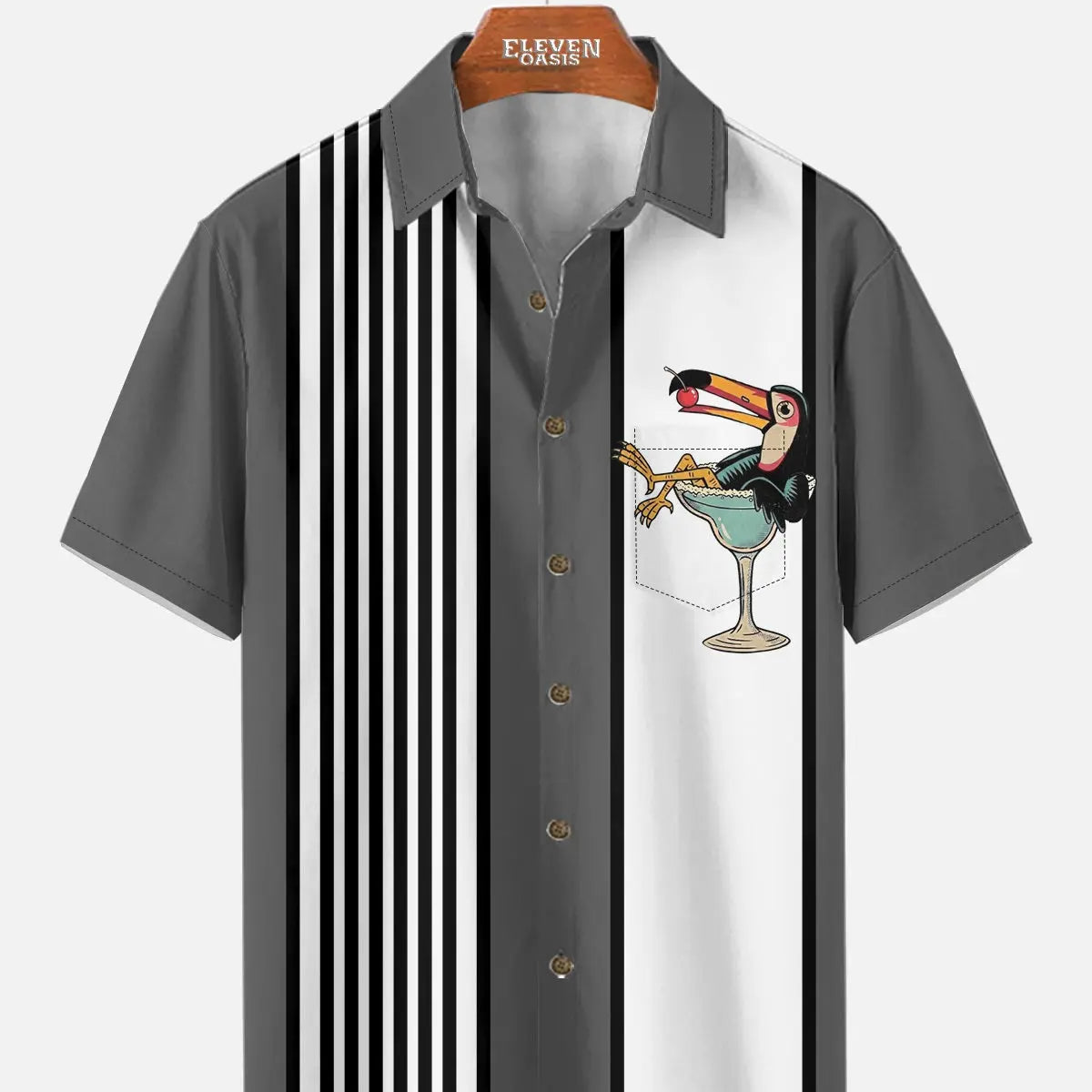 Men's Striped Everyday with Toucan in a Cocktail Glass Short Sleeve Casual Shirt ElevenOasis