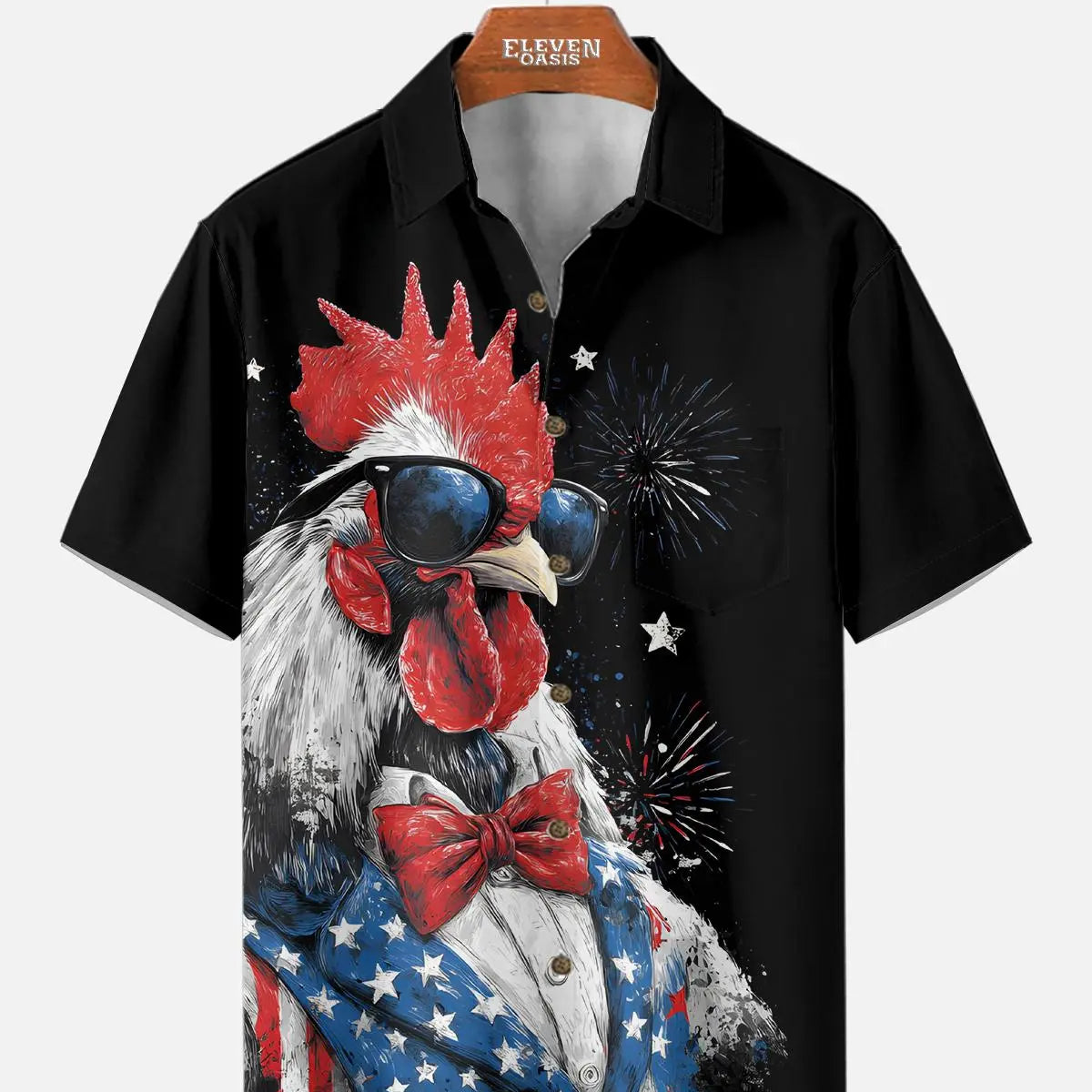 Men's Patriotic Rooster Fireworks Short Sleeve Shirt ElevenOasis