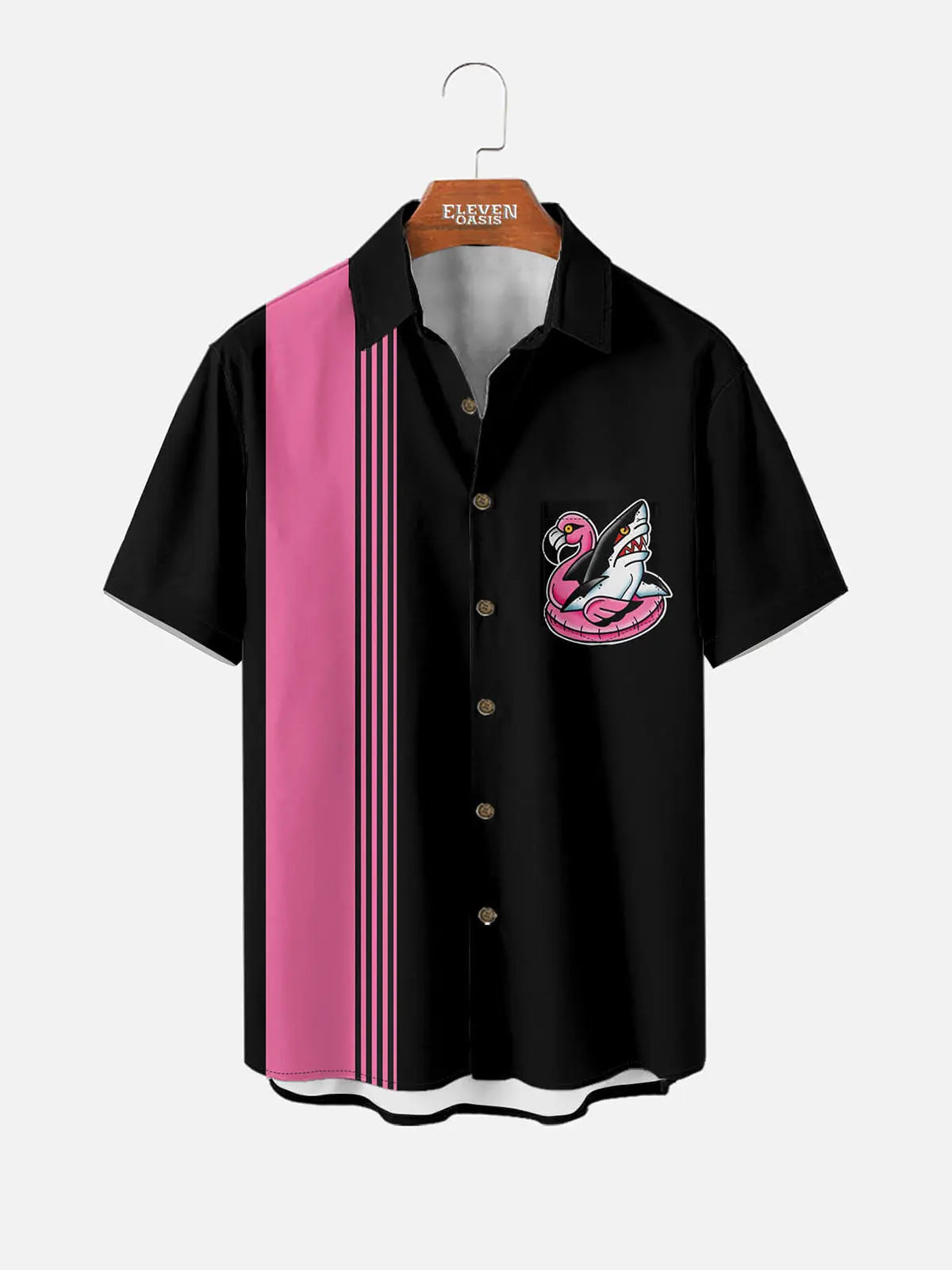 Tall Men's Retro Stripe Flamingo Shark Float Short Sleeve Shirt Eleven Oasis
