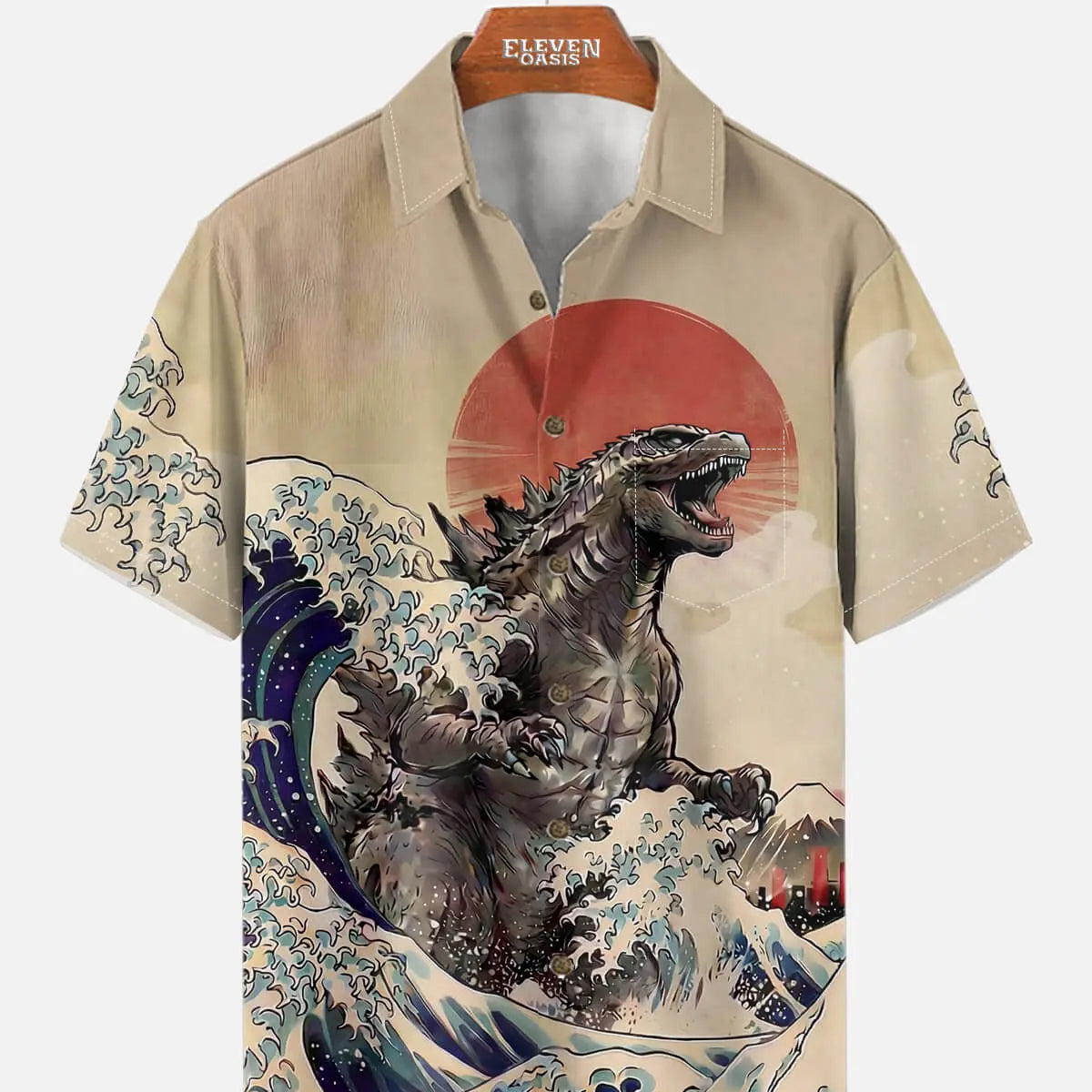 Men's Japanese Godzilla Wave Art Short Sleeve Shirt ElevenOasis
