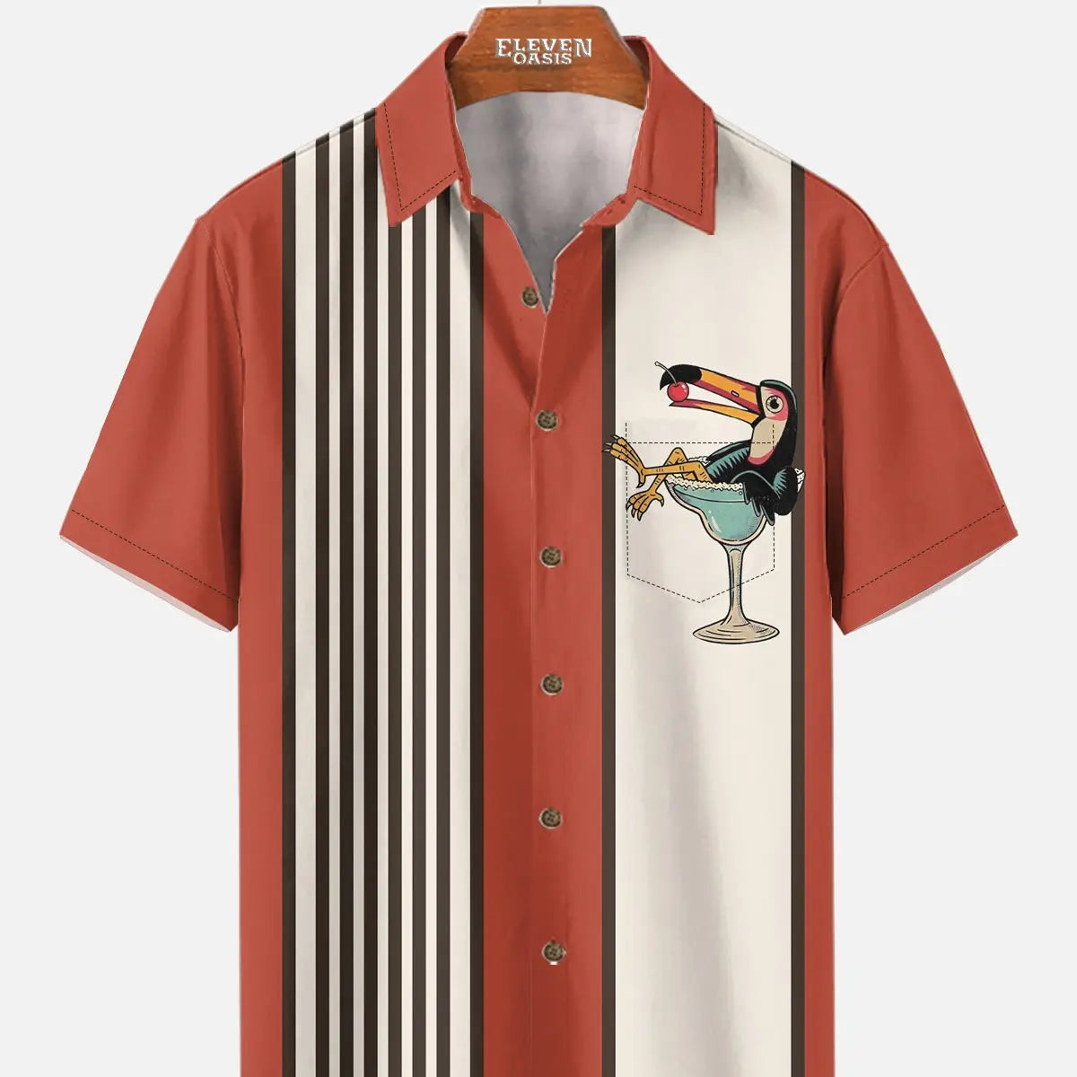Men's Striped Everyday with Toucan in a Cocktail Glass Short Sleeve Casual Shirt ElevenOasis
