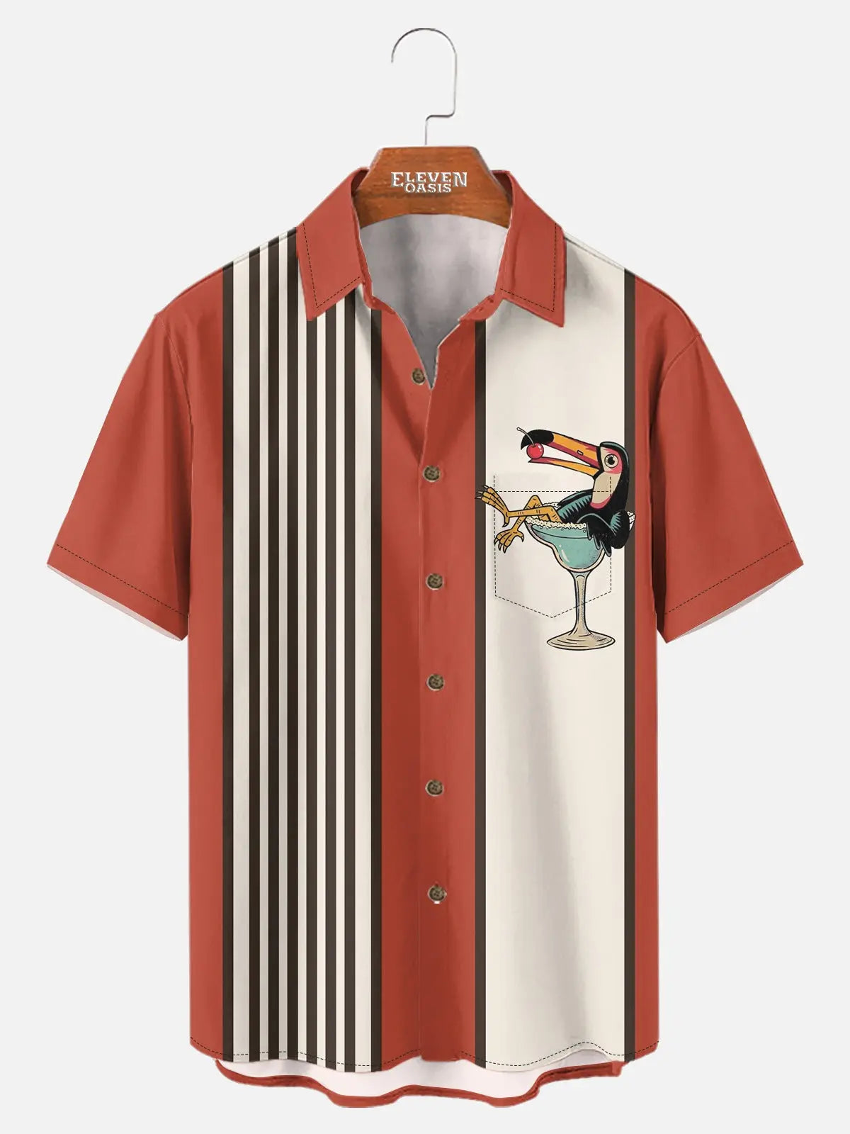 Men's Striped Everyday with Toucan in a Cocktail Glass Short Sleeve Casual Shirt ElevenOasis