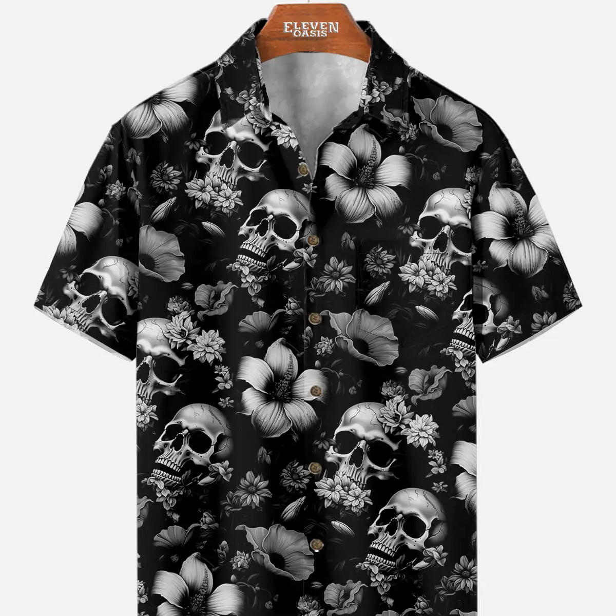 Tall Men's Skull and Floral Print Short Sleeve Shirt Eleven Oasis