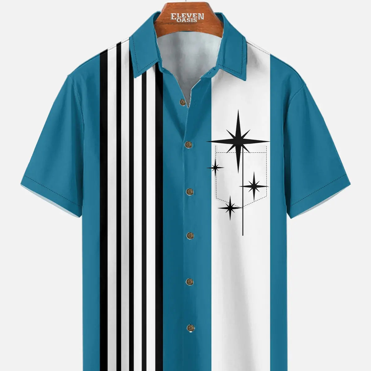 Men's Striped with Space-Age Stars Casual Short Sleeve Shirt ElevenOasis