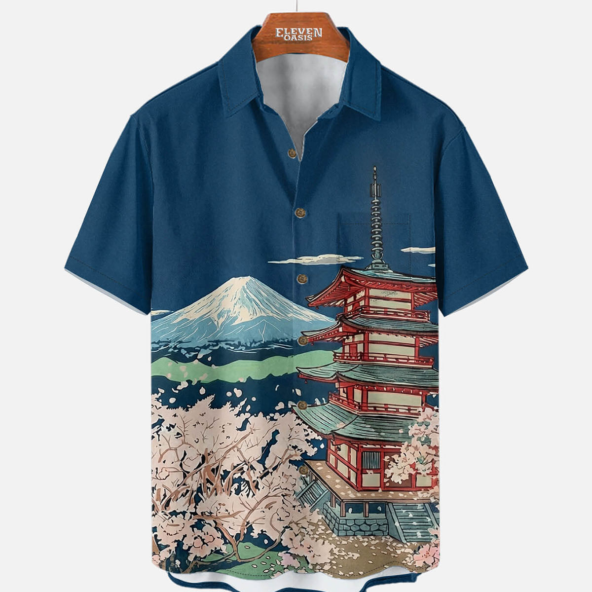 Men's Mount Fuji Pagoda Landscape Short Sleeve Shirt Eleven Oasis