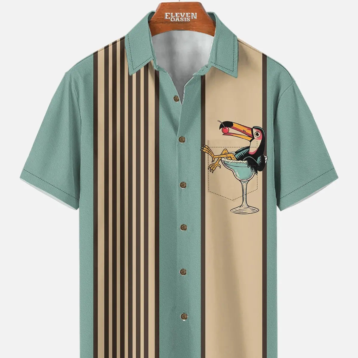 Men's Striped Everyday with Toucan in a Cocktail Glass Short Sleeve Casual Shirt ElevenOasis