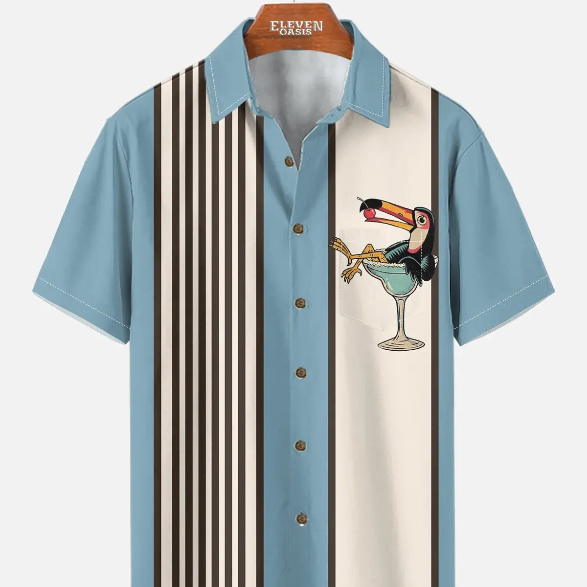 Men's Striped Everyday with Toucan in a Cocktail Glass Short Sleeve Casual Shirt ElevenOasis