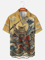 Tall Men's Japanese Samurai Cat Wave Art Short Sleeve Shirt Eleven Oasis