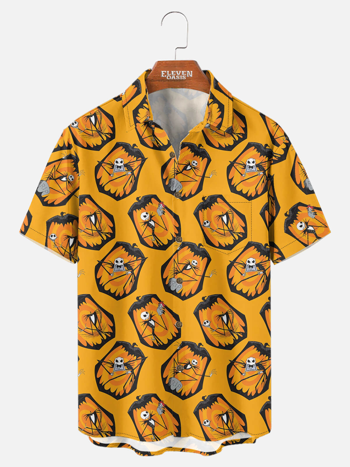 Tall Men's Jack Skellington All-Over Pumpkin Halloween Short Sleeve Shirt Eleven Oasis