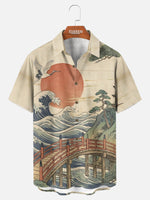 Men's Japanese Bridge & Crane Landscape Spread Collar Short Sleeve Shirt Eleven Oasis