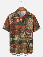 Men's Japanese Folk Motifs Spread Collar Short Sleeve Shirt Eleven Oasis