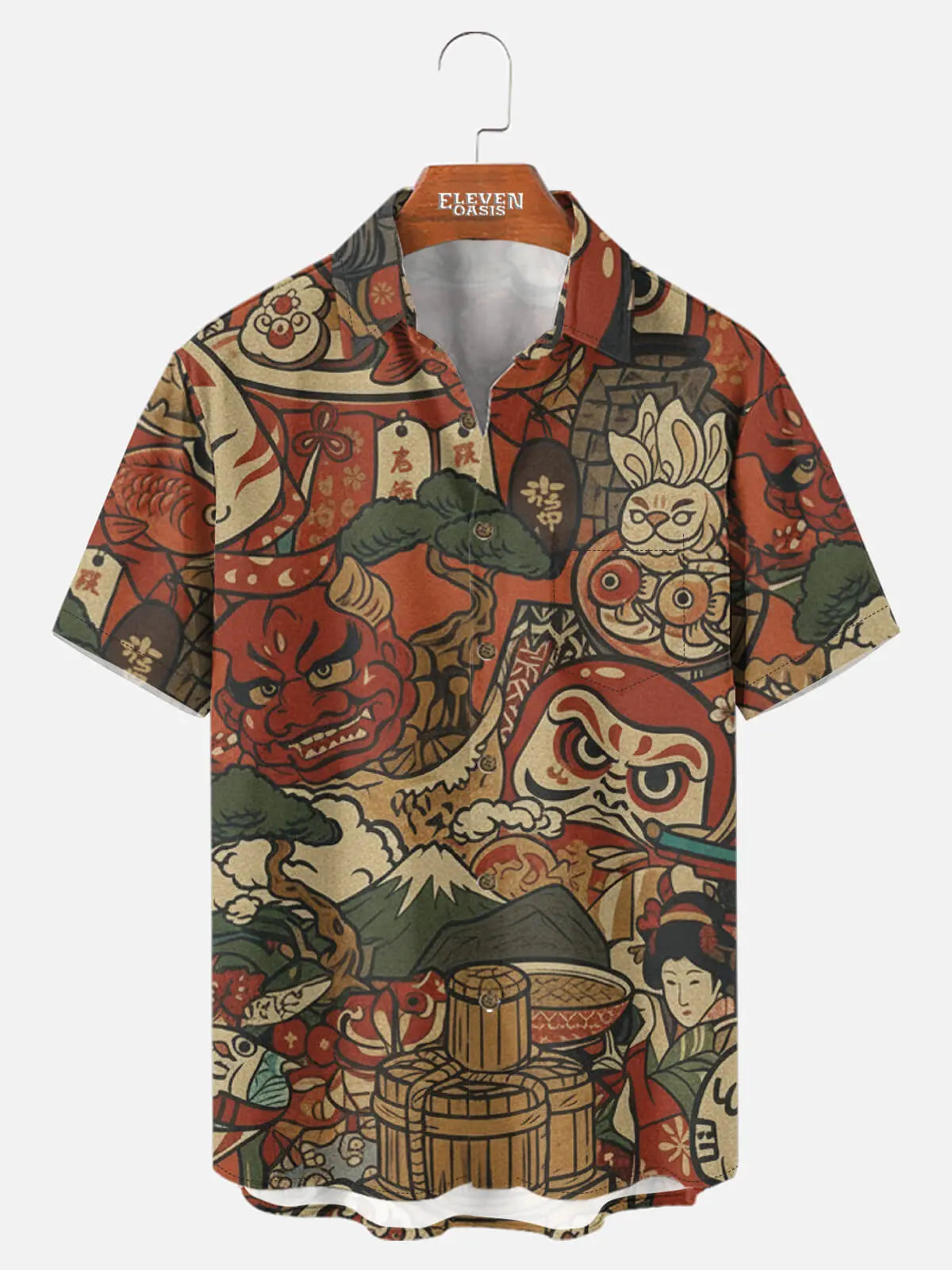 Men's Japanese Folk Motifs Spread Collar Short Sleeve Shirt Eleven Oasis