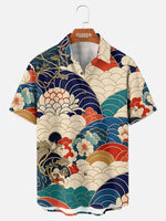 Men's Japanese Seigaiha & Floral Waves Spread Collar Short Sleeve Shirt Eleven Oasis