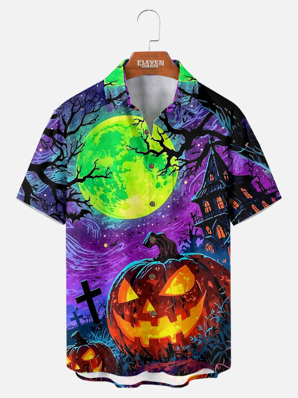 Men's Haunted Pumpkin Moon Short Sleeve Shirt ElevenOasis
