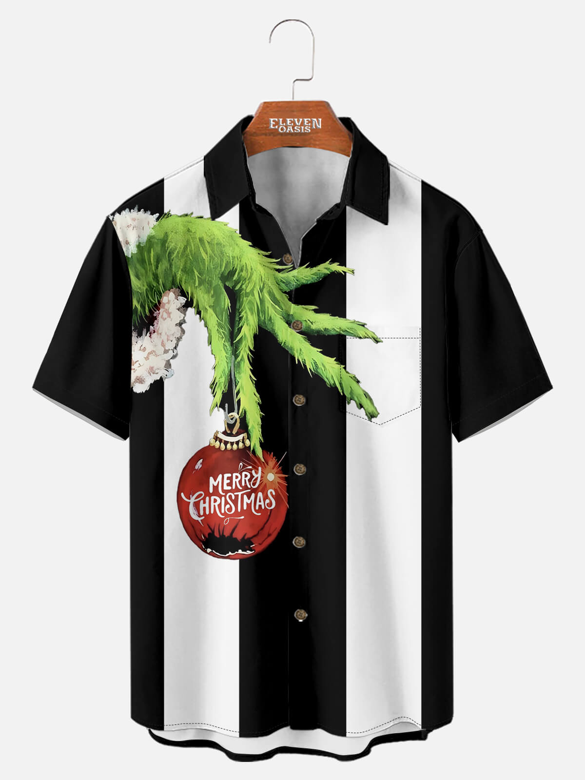 Men's Mischievous Grinch Hand Merry Christmas Short Sleeve Shirt Eleven Oasis