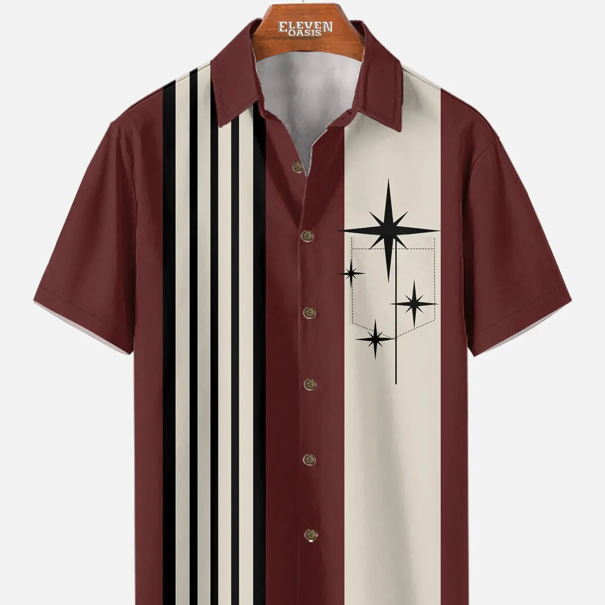 Men's Striped with Space-Age Stars Casual Short Sleeve Shirt ElevenOasis