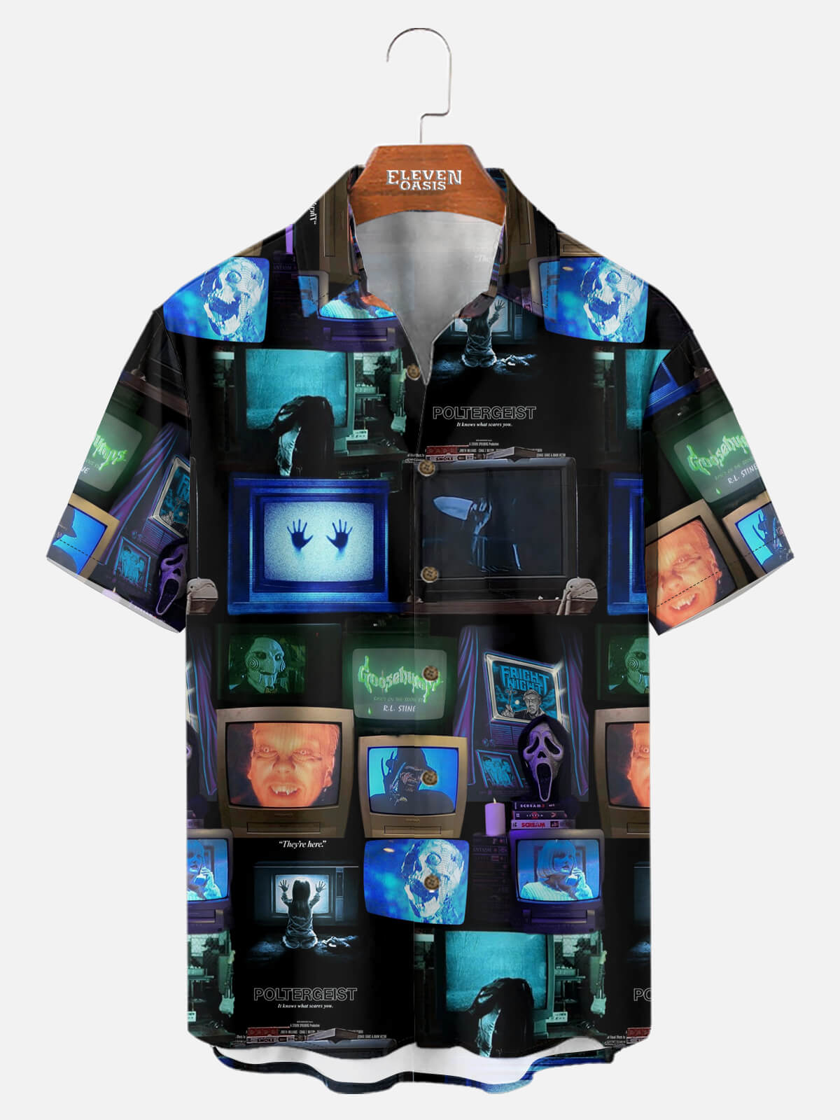 Men's Horror Movies TV Screens Collage Short Sleeve Shirt Eleven Oasis