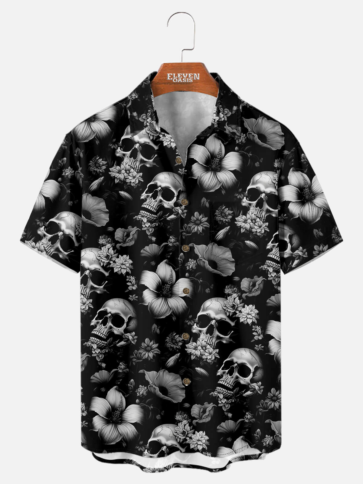 Men's Skull and Floral Print Short Sleeve Shirt ElevenOasis