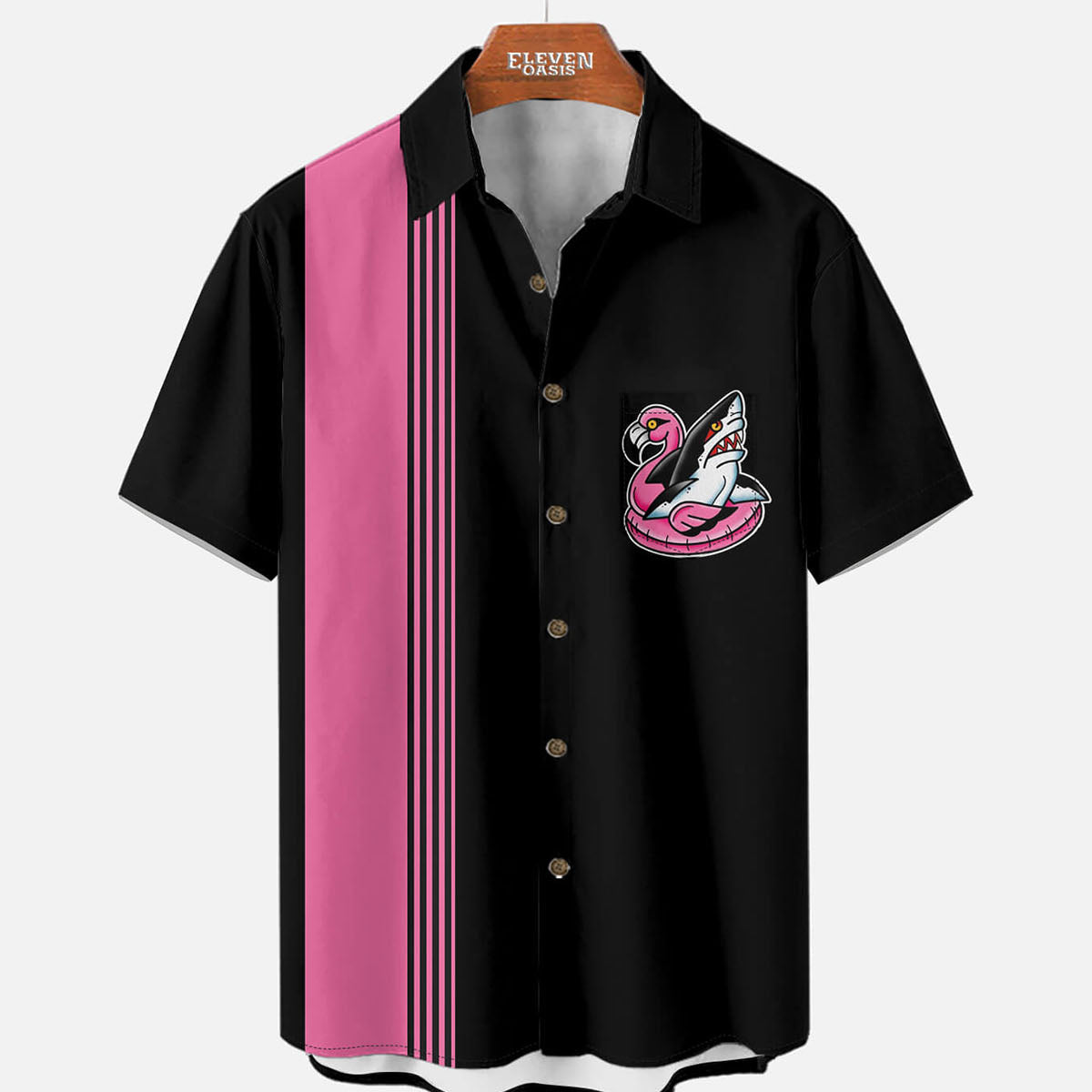 Men's Retro Stripe Flamingo Shark Float Short Sleeve Shirt Eleven Oasis